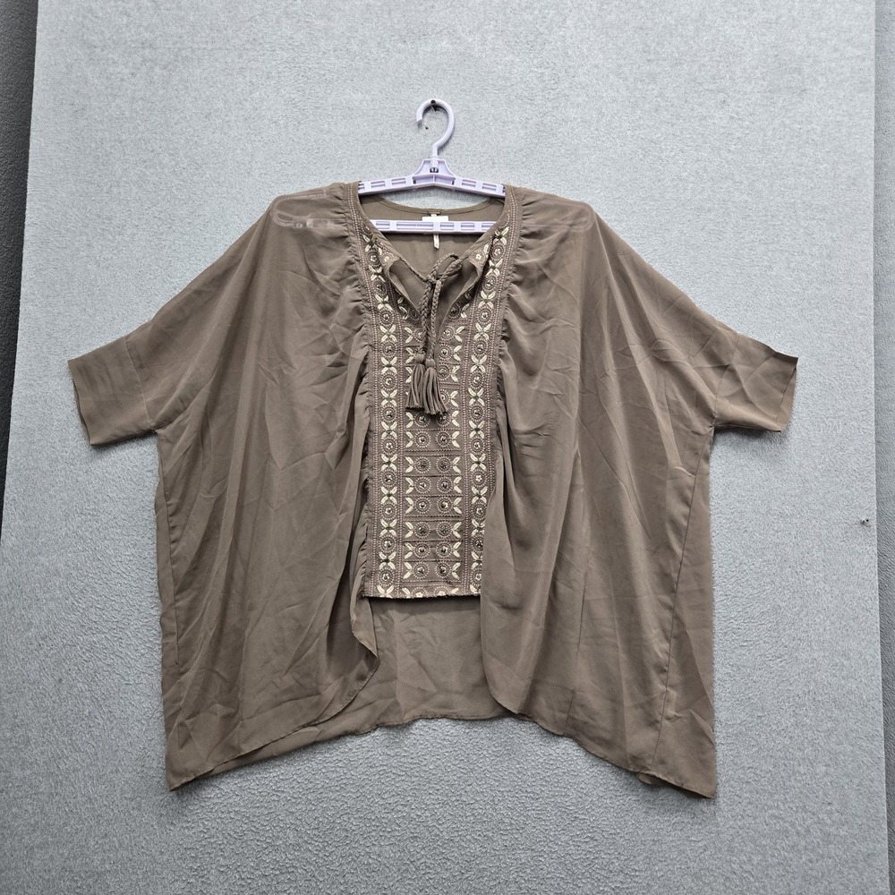 Free People Women Blouse XS/S Taupe Chiffon Boho Fairy Tassel Embroidered Tunic